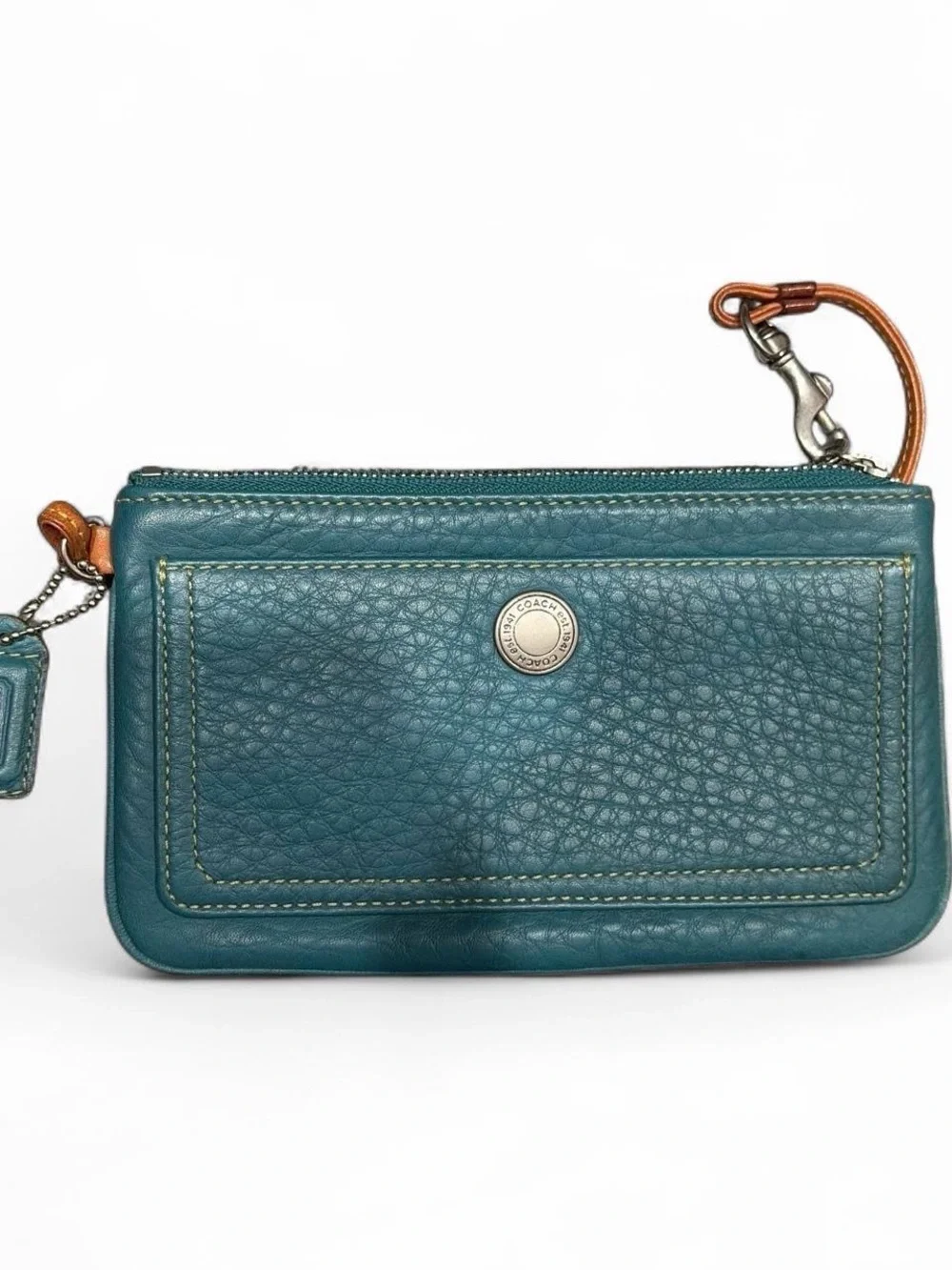 Coach Teal Pebbled Leather Wristlet with Tan Strap Accent